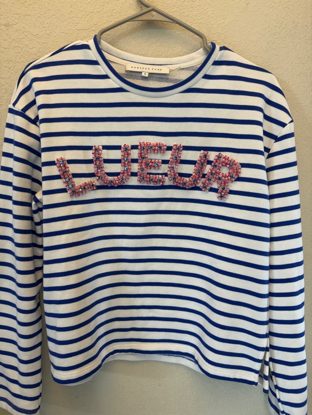 Endless Rose Blue & White Striped Long Sleeve Top with Pink Beaded 'LUCKY'